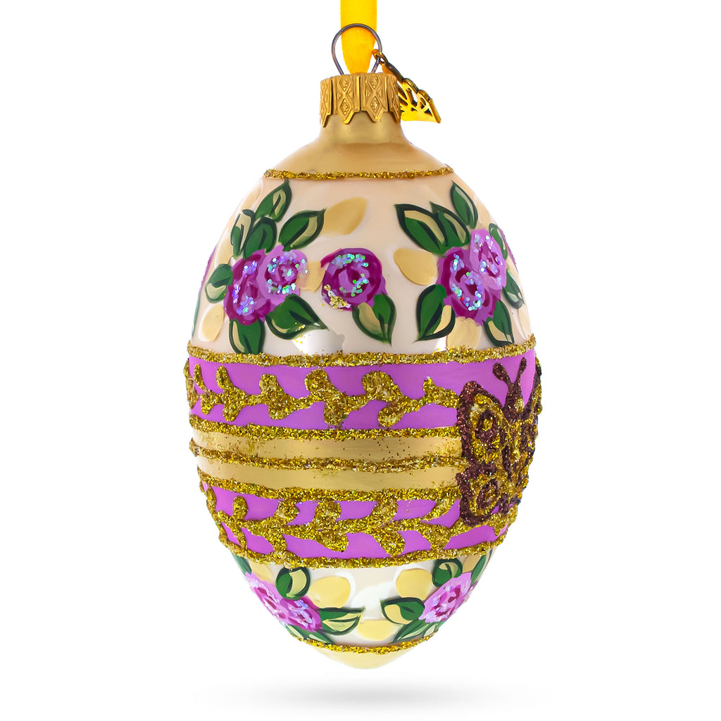 Bee and Roses Glass Egg Ornaments 4 Inches in Purple color Oval