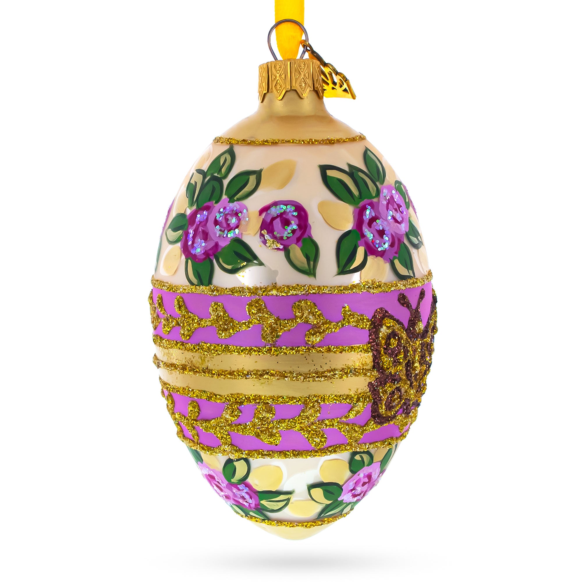 Bee and Roses Glass Egg Ornaments 4 Inches in Purple color Oval