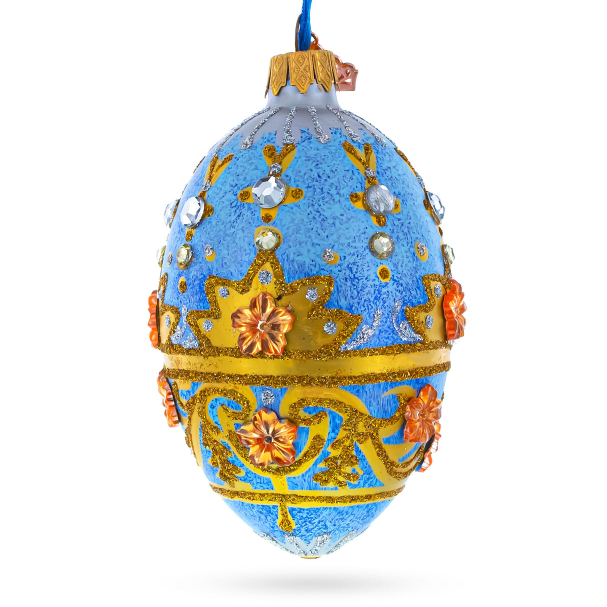 Golden Flowers on Speckled Blue Glass Egg Christmas Ornament 4 Inches in Blue color, Oval shape