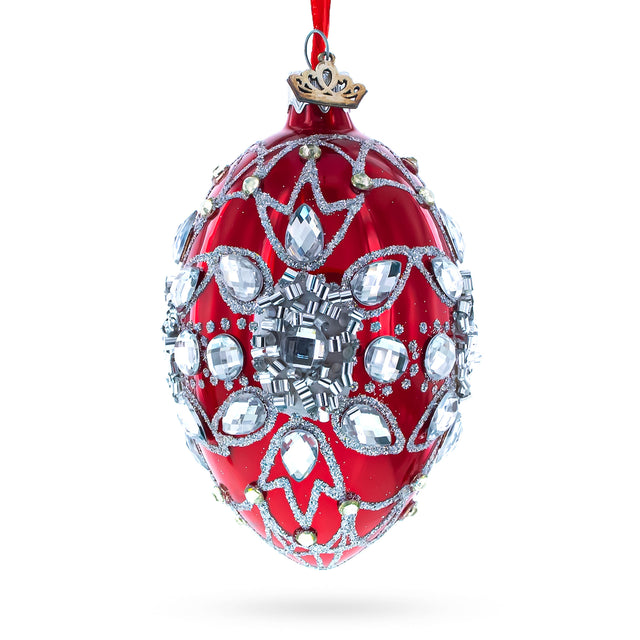 Glass Diamond Star on Red Glass Egg Christmas Ornament 4 Inches in Red color Oval