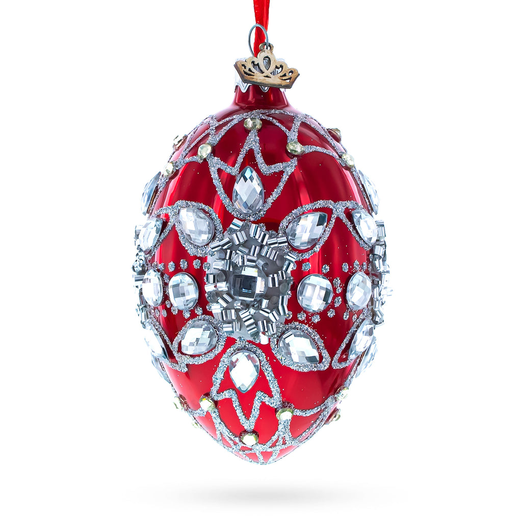 Diamond Star on Red Glass Egg Christmas Ornament 4 Inches in Red color Oval