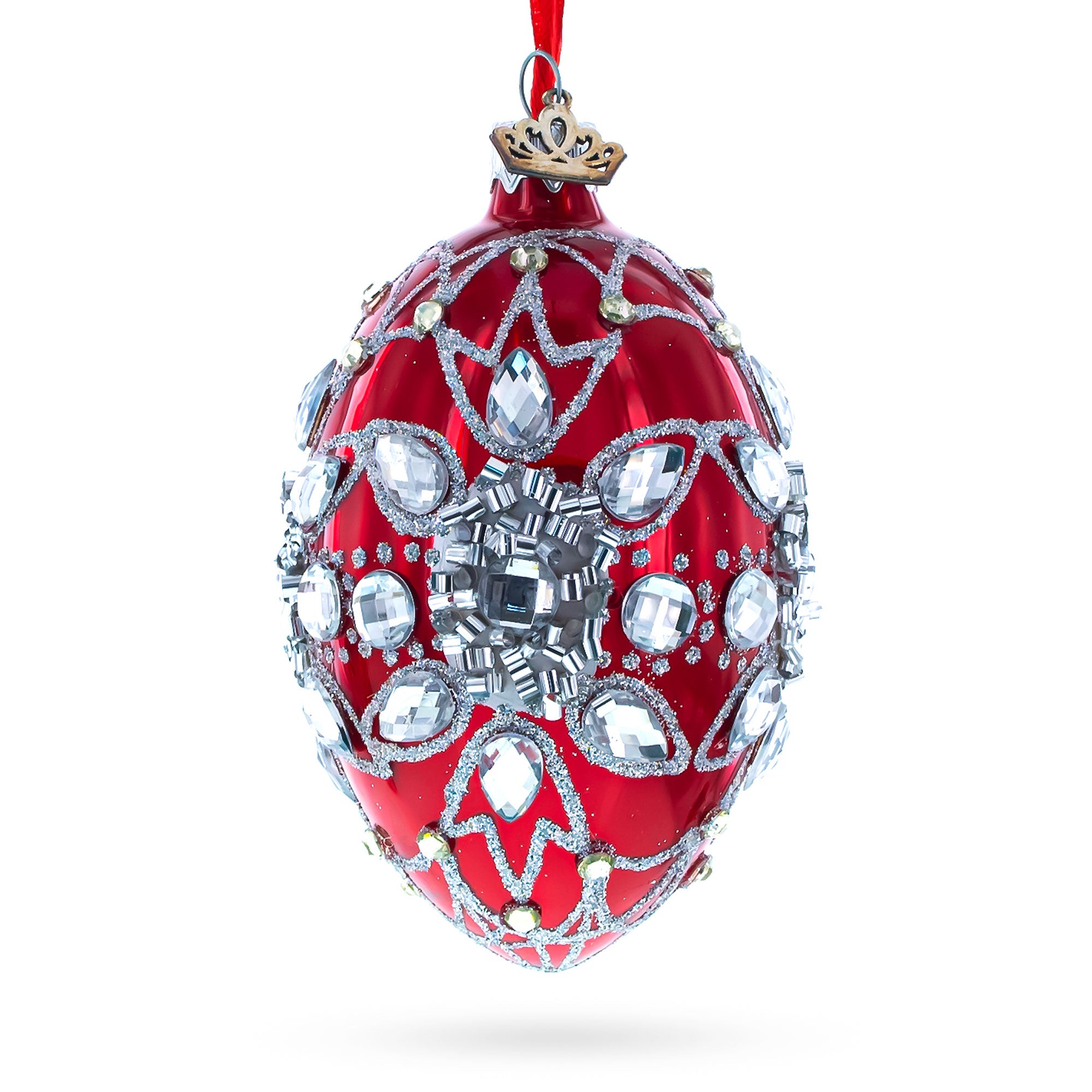 Diamond Star on Red Glass Egg Christmas Ornament 4 Inches in Red color Oval