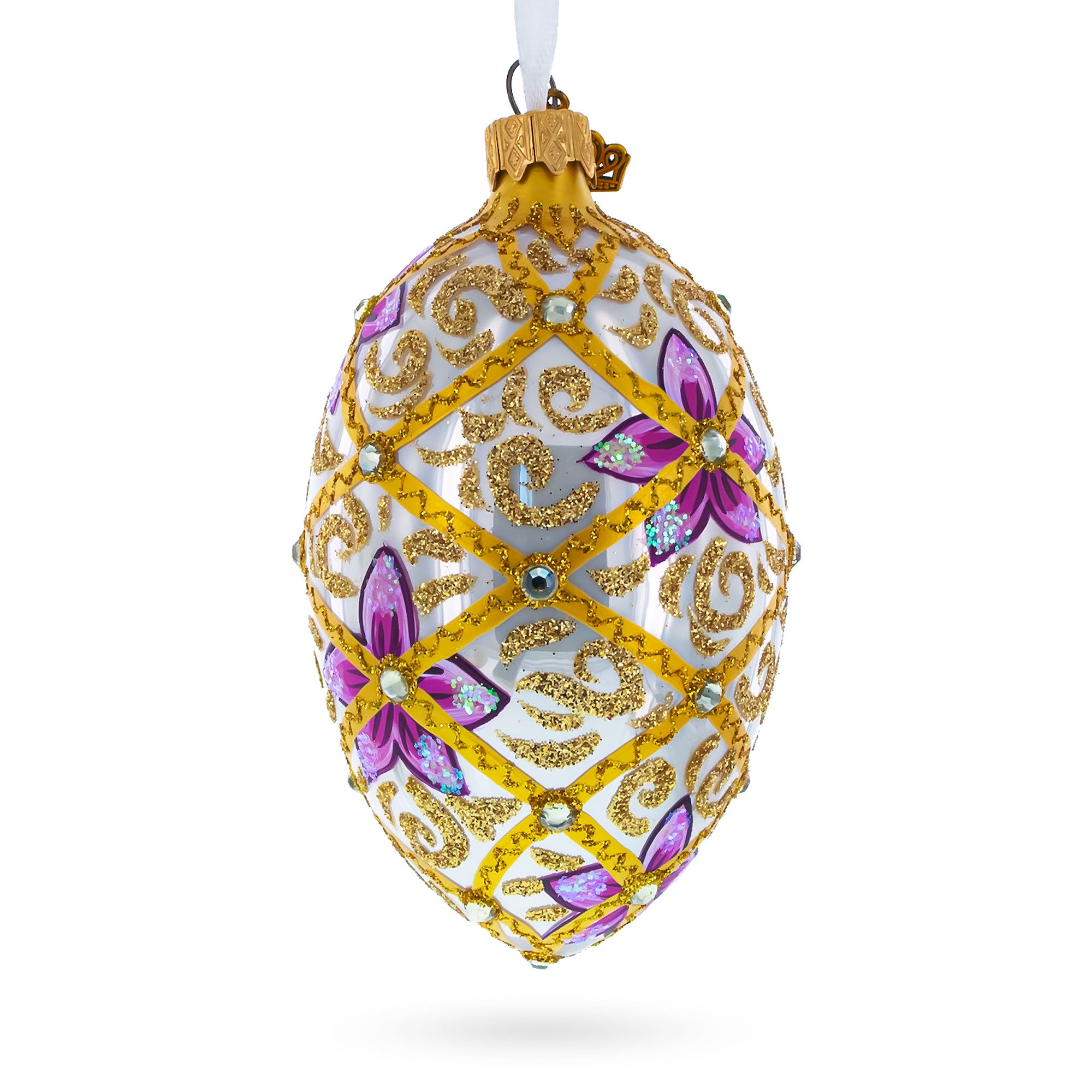 Purple Flowers on Golden Scroll Glass Egg Christmas Ornament 4 Inches in Gold color Oval