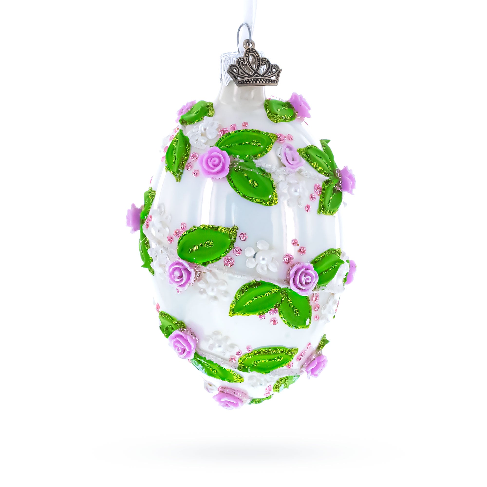 3D Roses in Silver Spiral Glass Egg Ornament 4 Inches in White color Oval