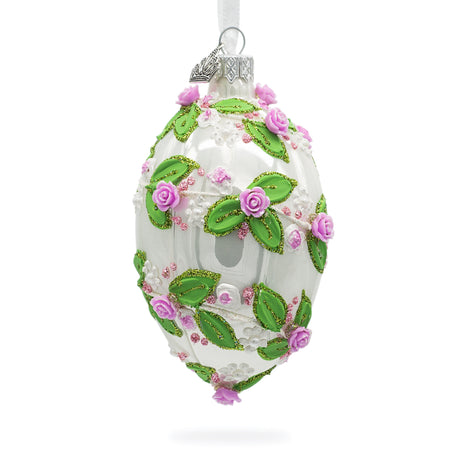 3D Roses in Silver Spiral Glass Egg Ornament 4 Inches in White color, Oval shape