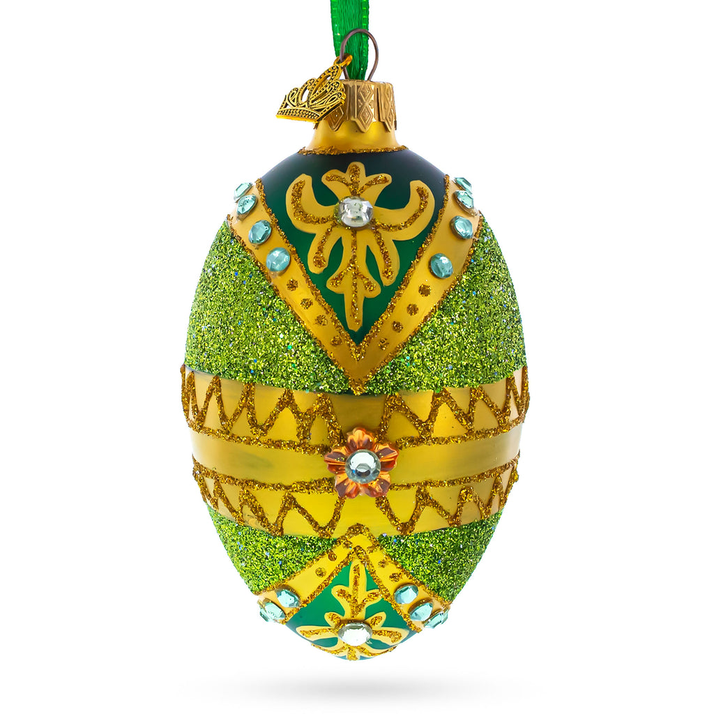 White Jewels on Glittered Green Glass Egg Ornament 4 Inches in Green color Oval