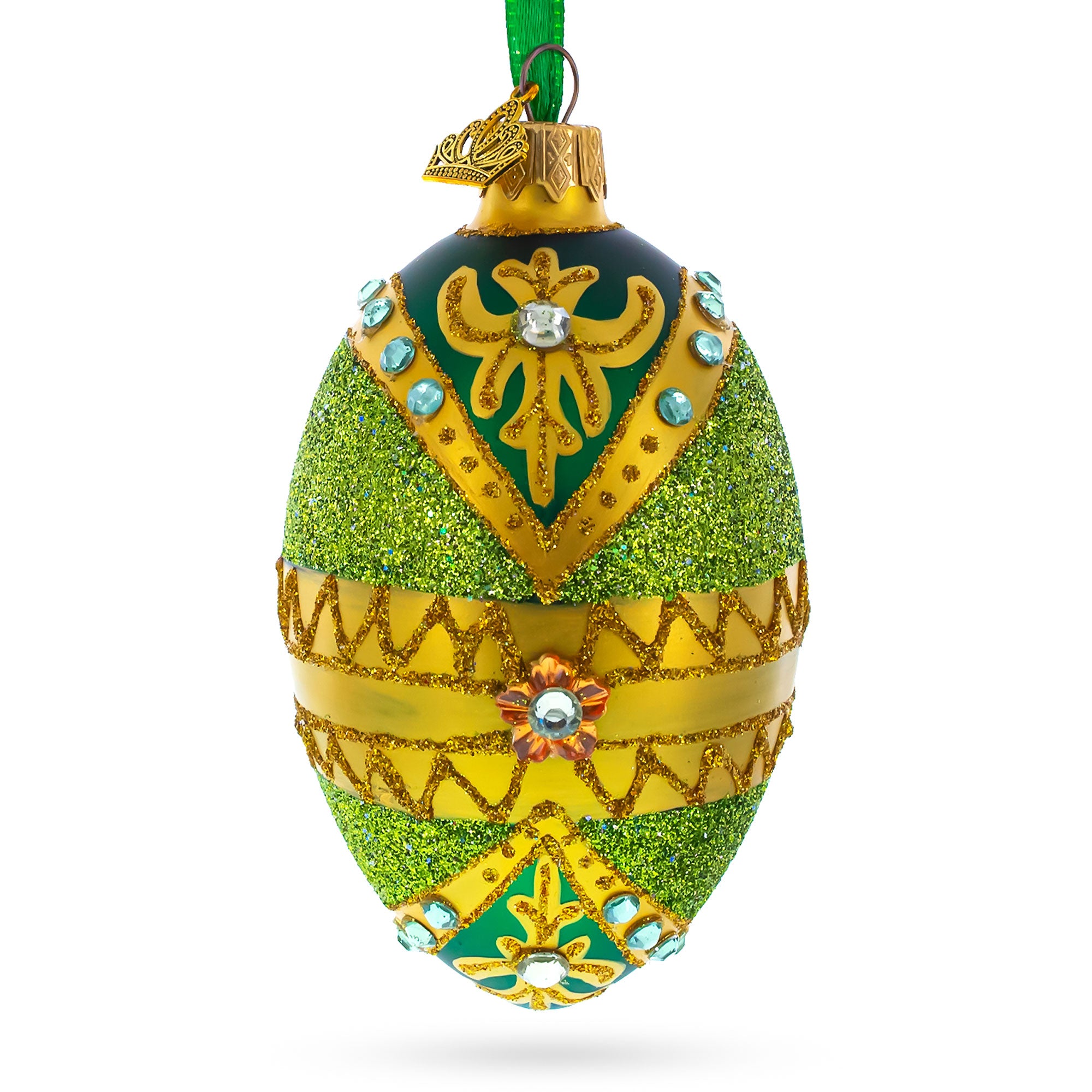 White Jewels on Glittered Green Glass Egg Ornament 4 Inches in Green color Oval