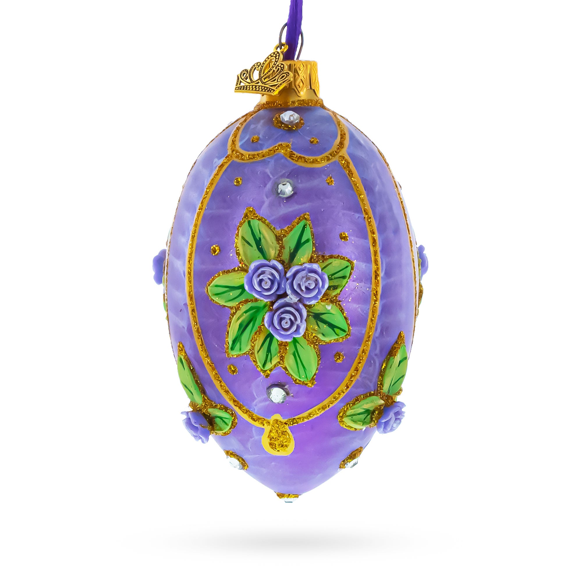 3D Roses Bouquet on Purple Glass Egg Ornament 4 Inches in Purple color Oval