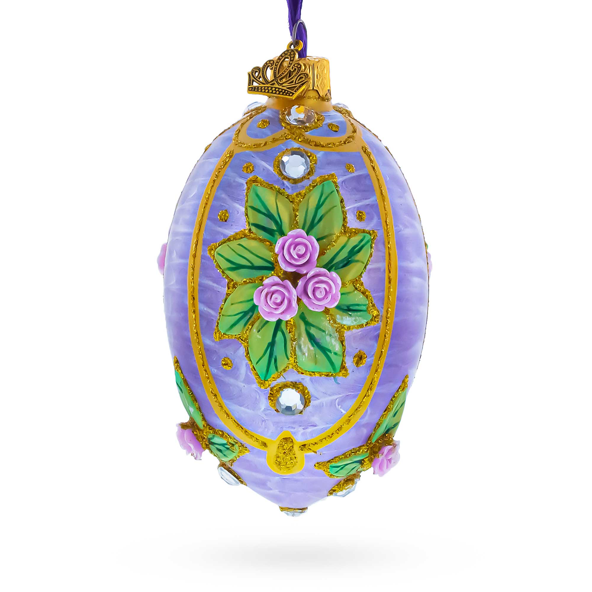 3D Roses Bouquet on Purple Glass Egg Ornament 4 Inches in Purple color Oval