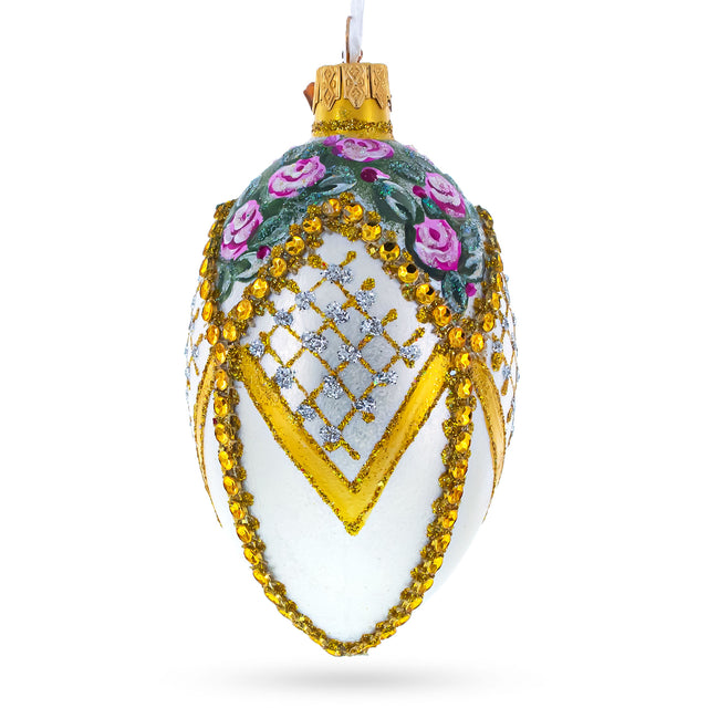 Roses on Bejeweled Rhombus Glass Egg Ornament 4 Inches in White color, Oval shape