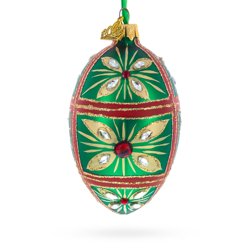 Red Jewel on Green Glass Egg Ornament 4 Inches in Green color Oval