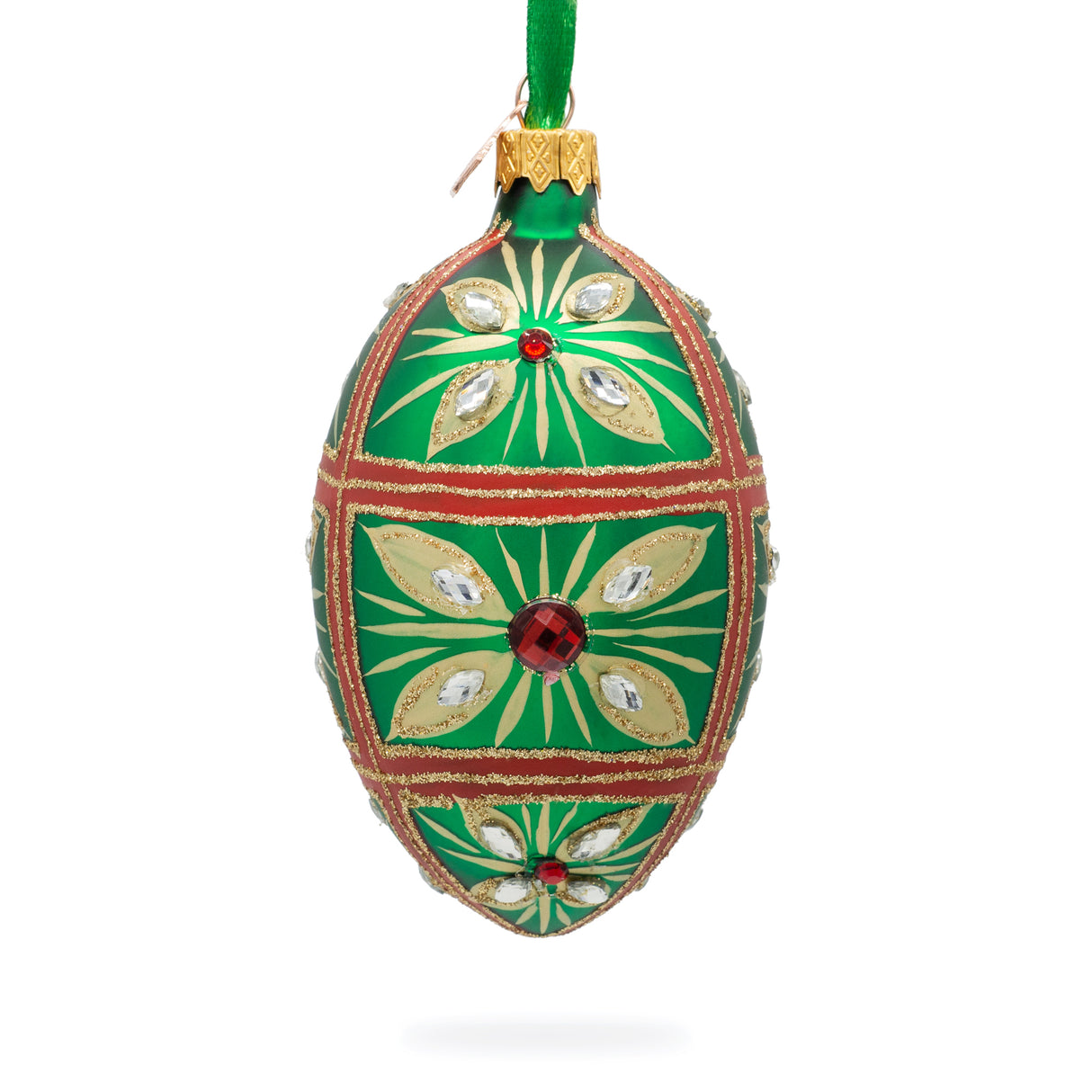 Red Jewel on Green Glass Egg Ornament 4 Inches in Multi color, Oval shape