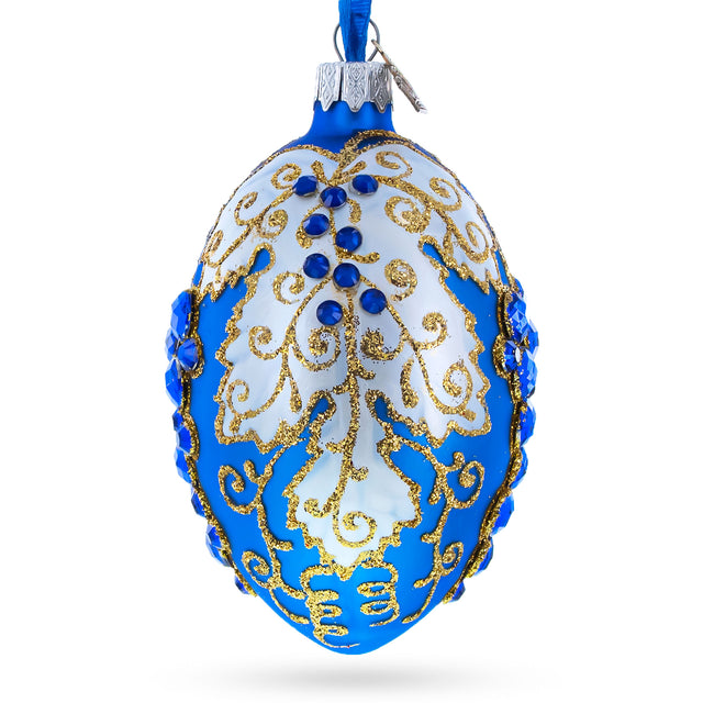 Glass Blue Grapes on White Glass Egg Ornament 4 Inches in Blue color Oval