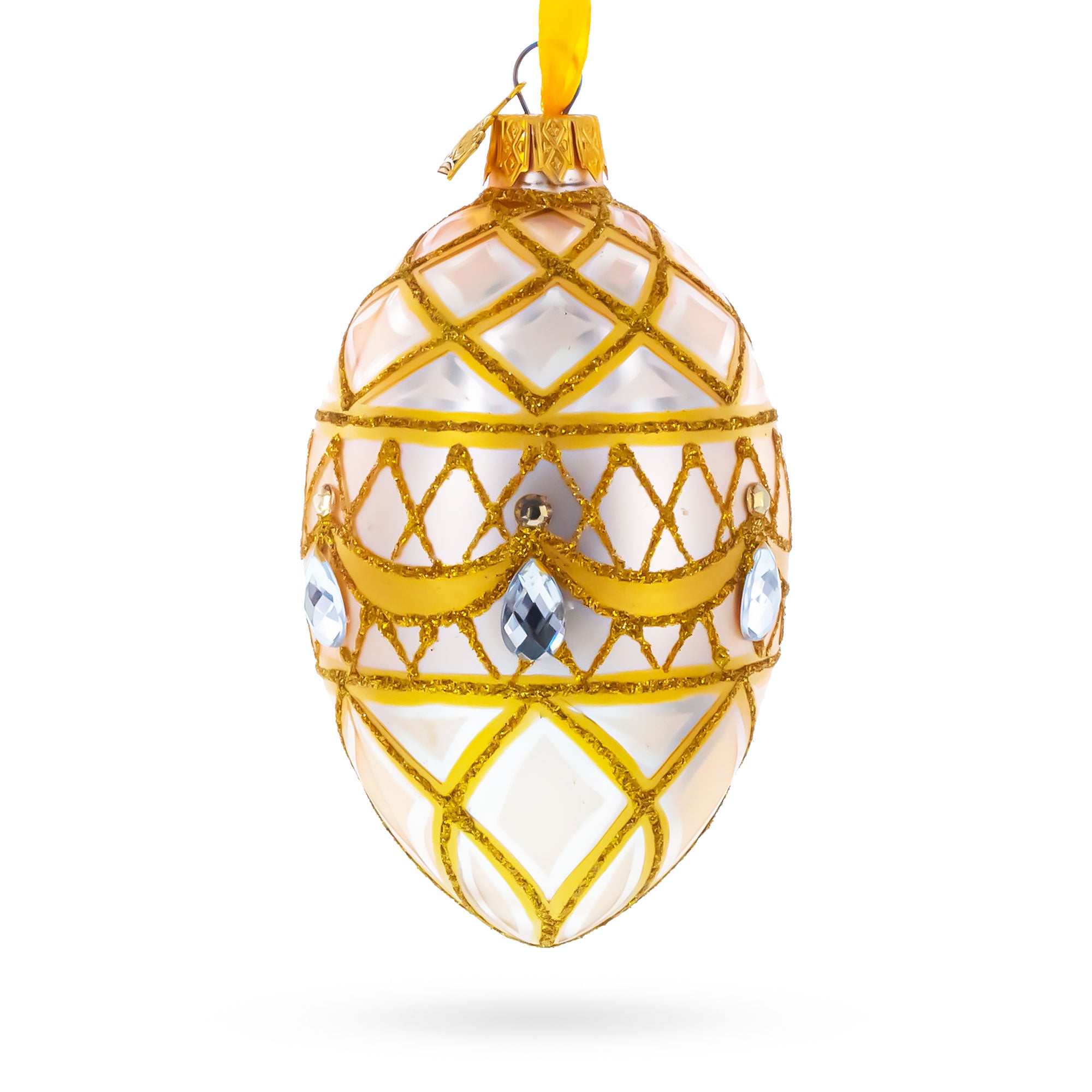 Diamond Drops on Pink Glass Egg Ornament 4 Inches in Yellow color Oval
