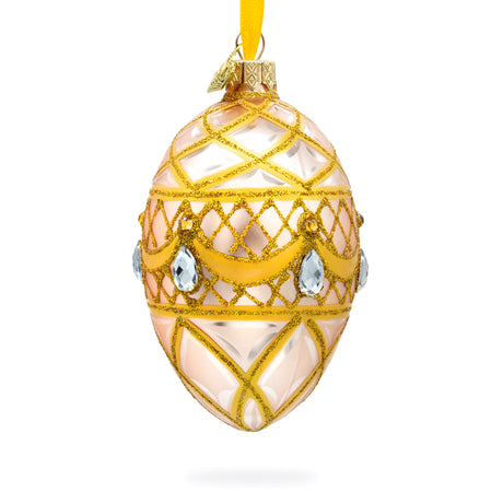Diamond Drops on Pink Glass Egg Ornament 4 Inches in Yellow color, Oval shape