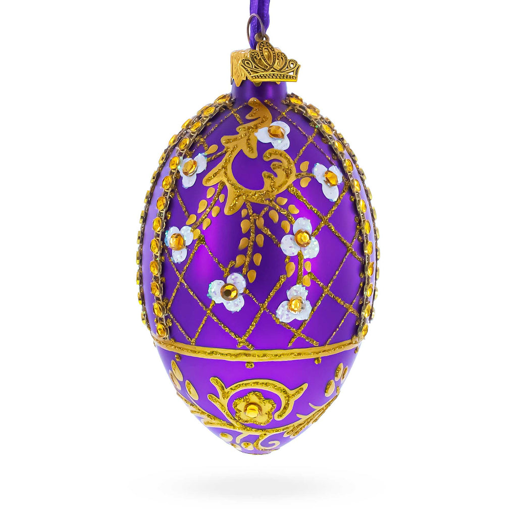 White Flowers on Purple Lattice Glass Egg Ornament 4 Inches in Purple color Oval