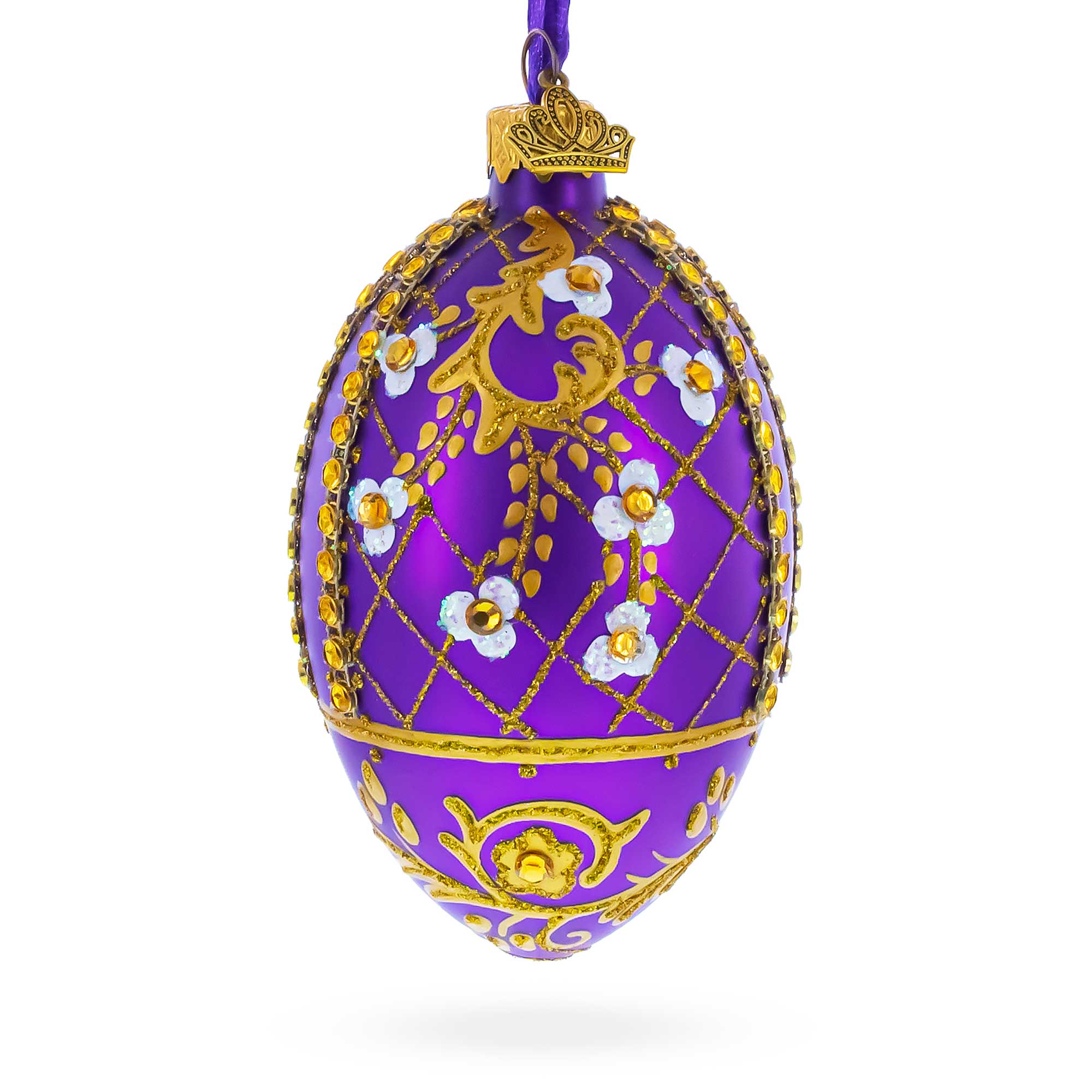 White Flowers on Purple Lattice Glass Egg Ornament 4 Inches in Purple color Oval