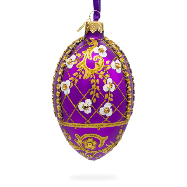 Glass White Flowers on Purple Lattice Glass Egg Ornament 4 Inches in Purple color Oval