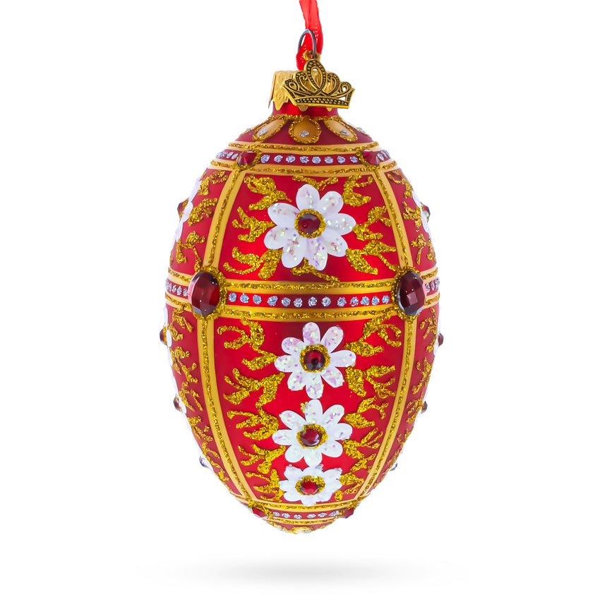 White Flowers on Red and Gold Glass Egg Ornament 4 Inches in Red color Oval