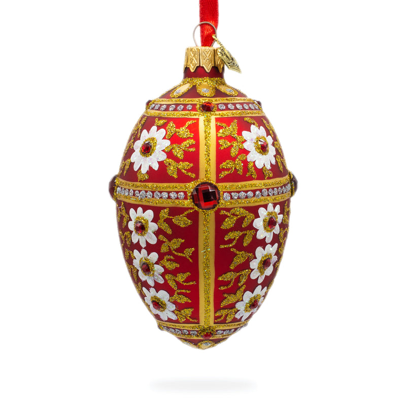 White Flowers on Red and Gold Glass Egg Ornament 4 Inches in Red color, Oval shape