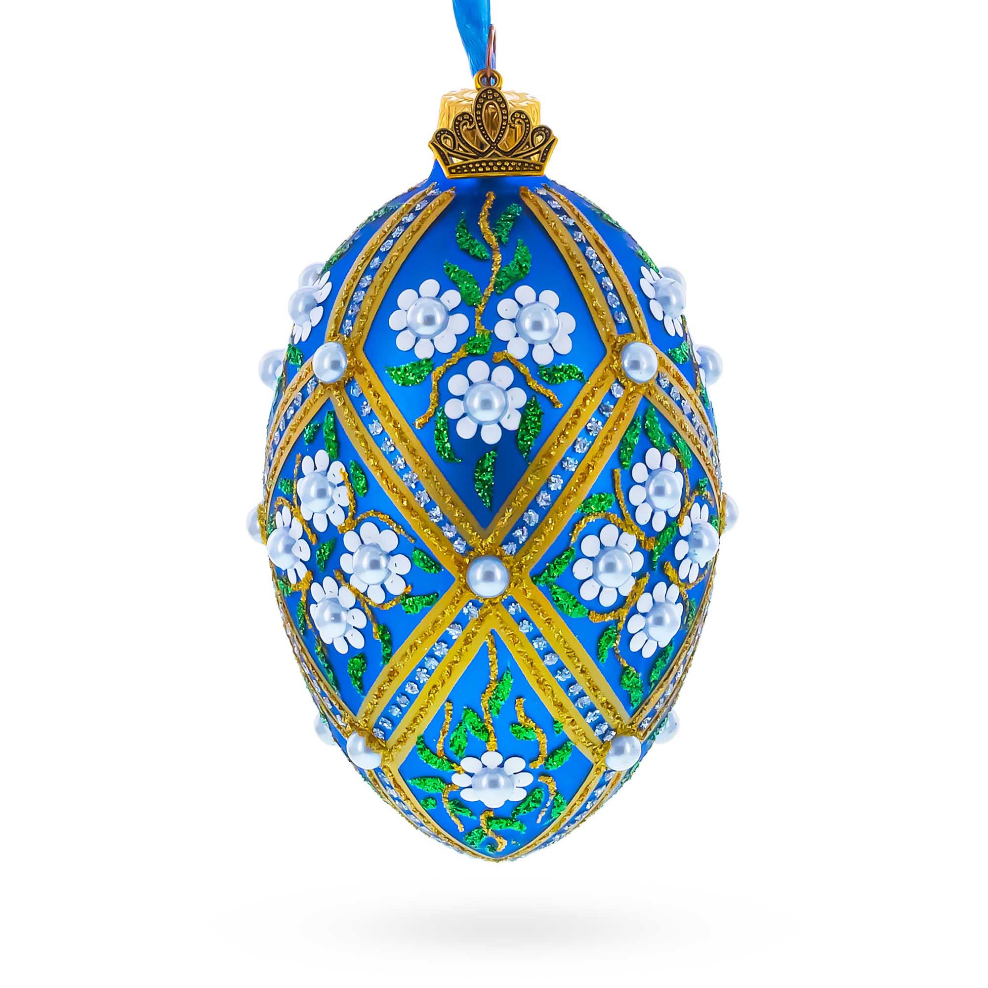 White Pearl Flowers on Blue Glass Egg Ornament 4 Inches in Blue color Oval