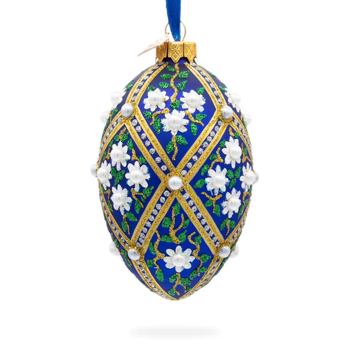 White Flowers on Blue Glass Egg Ornament 4 Inches in Multi color, Oval shape