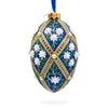 White Flowers on Blue Glass Egg Ornament 4 Inches in Multi color, Oval shape