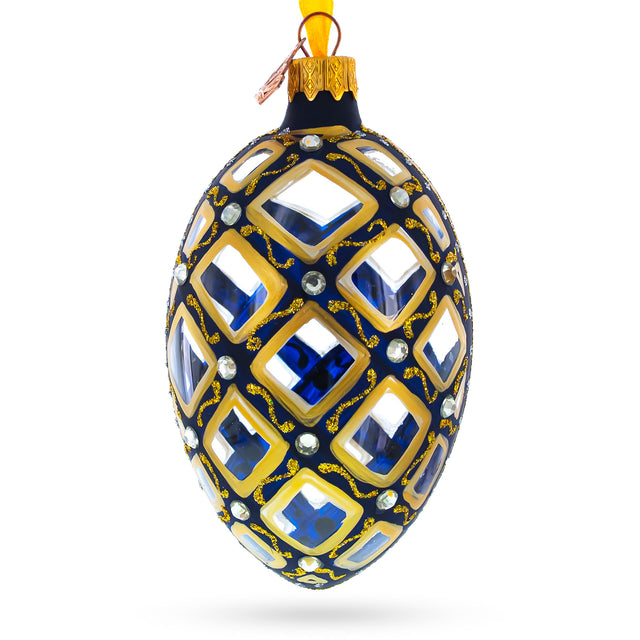 Mosaic Pattern on Blue Glass Egg Ornament 4 Inches in Multi color, Oval shape
