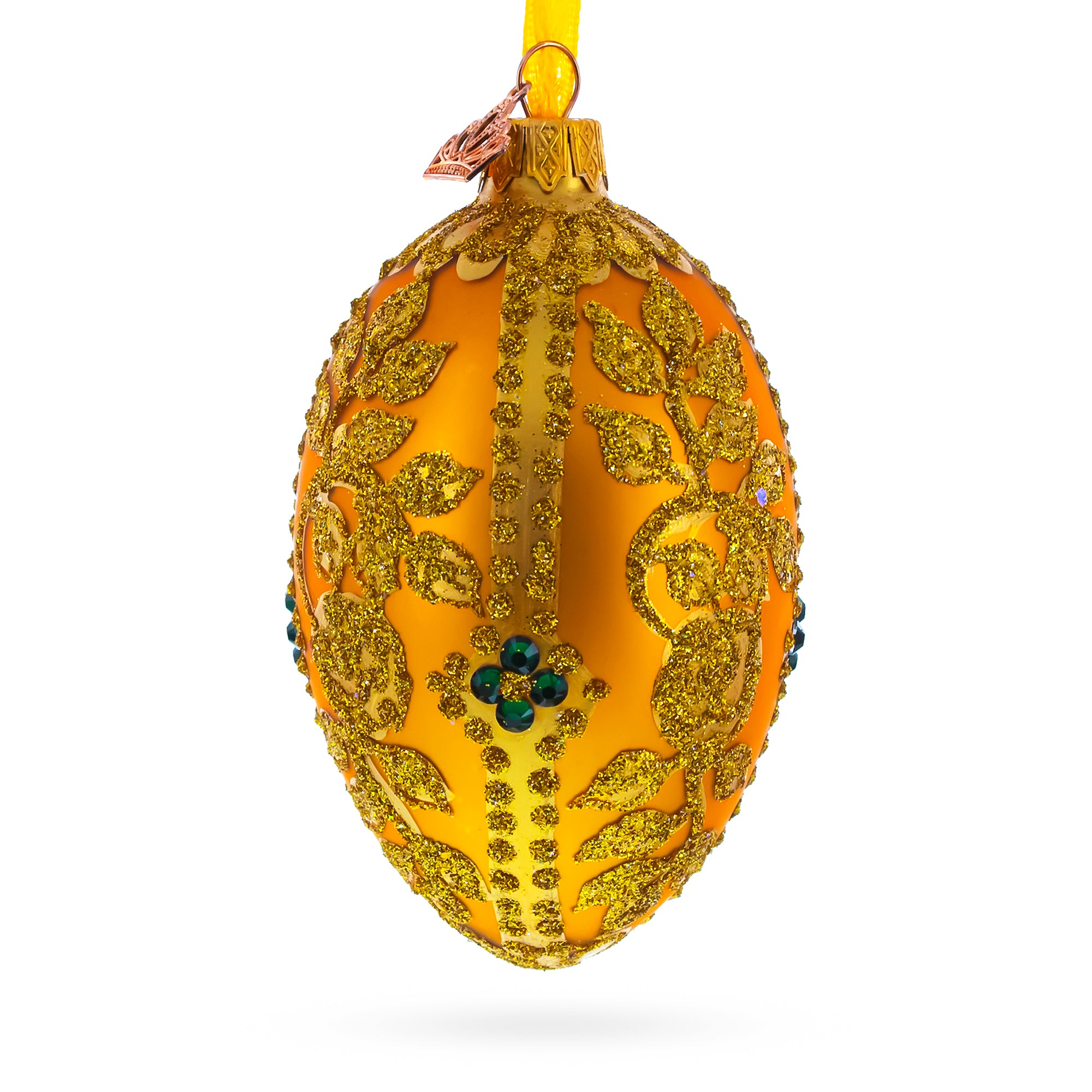 Glittered Golden Leaves Orange Glass Egg Ornament 4 Inches in Gold color Oval