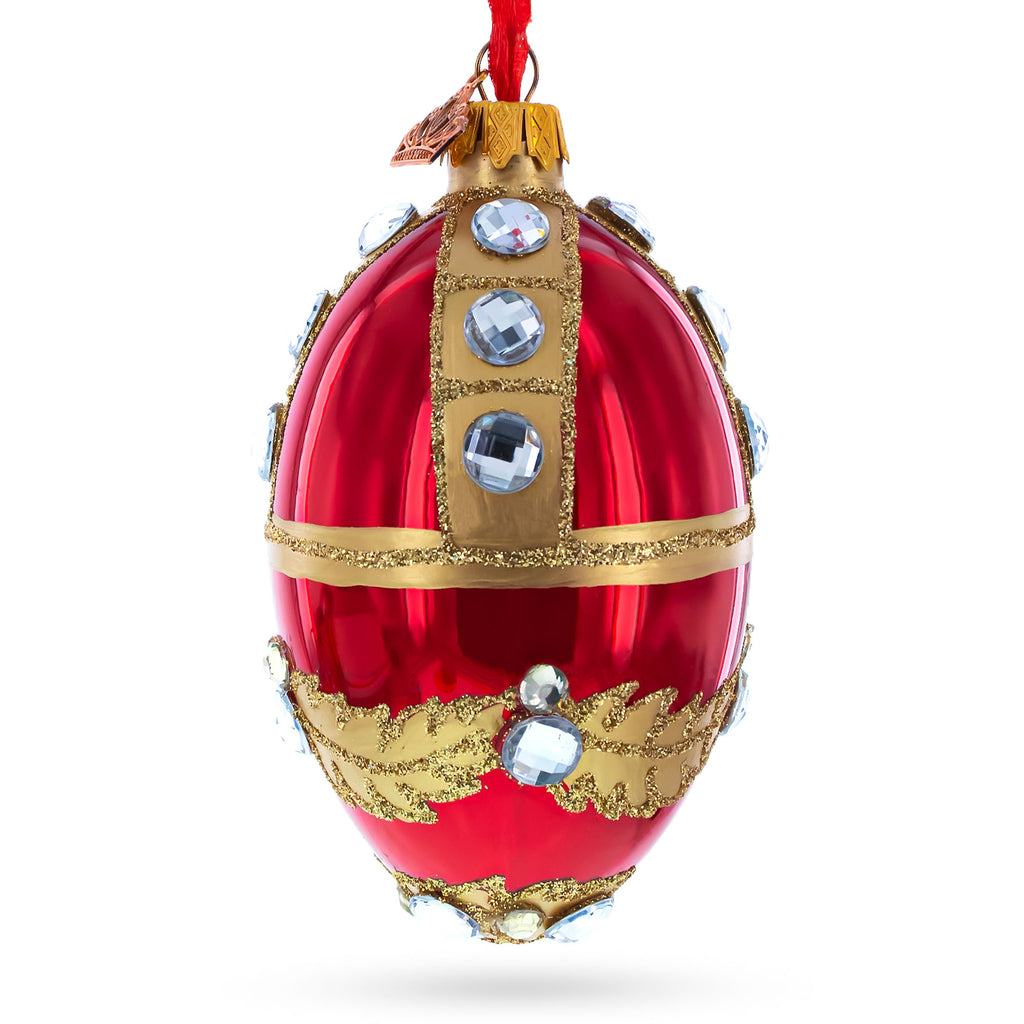 Diamonds on Red Glass Egg Ornament 4 Inches in Red color Oval