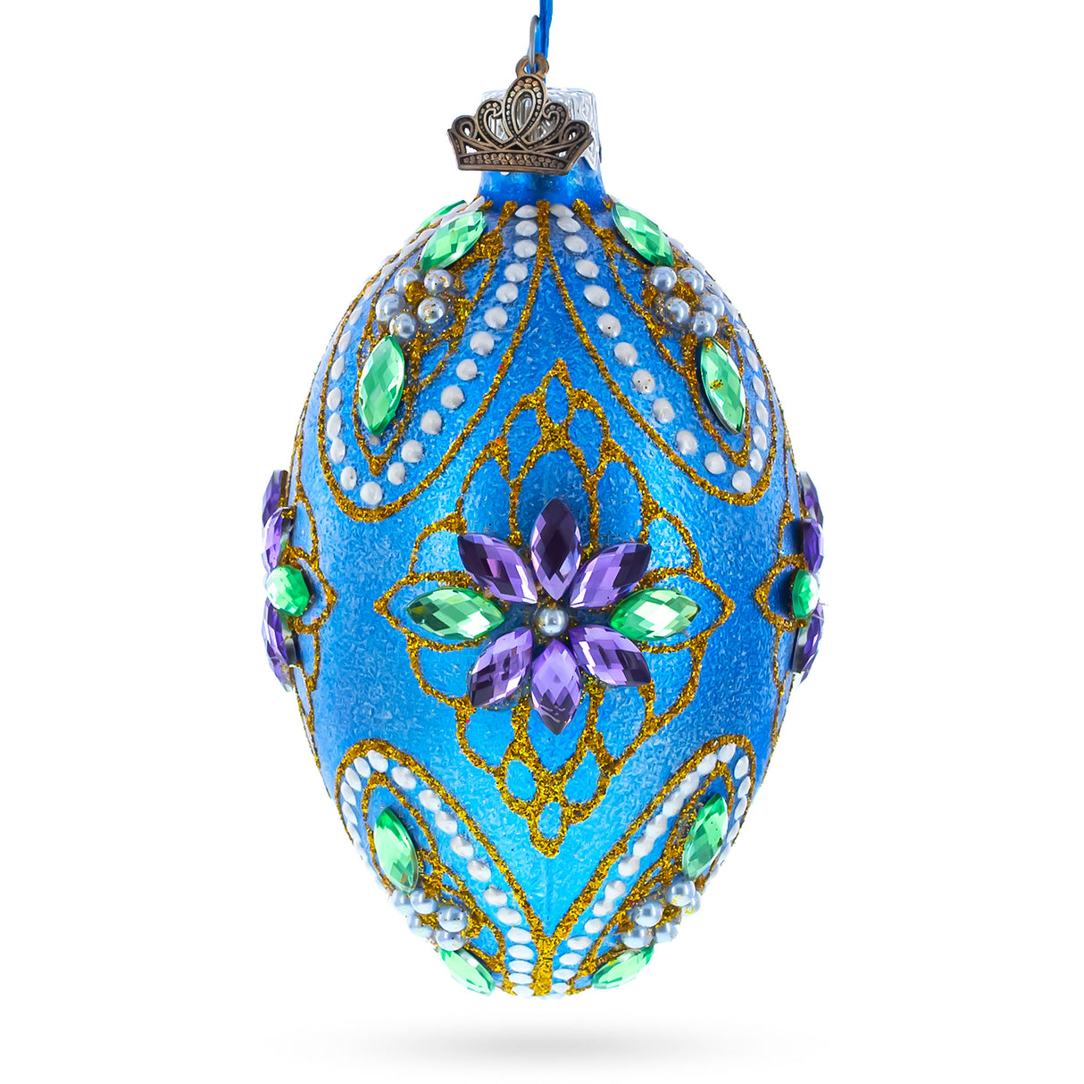 Jeweled Purple Flowers on Blue Glass Egg Ornament 4 Inches in Blue color, Oval shape