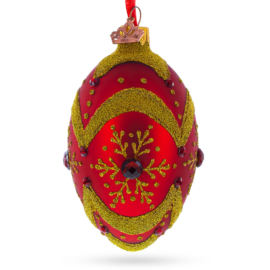 Golden Snowflake on Red Glass Egg Ornament 4 Inches in Red color Oval