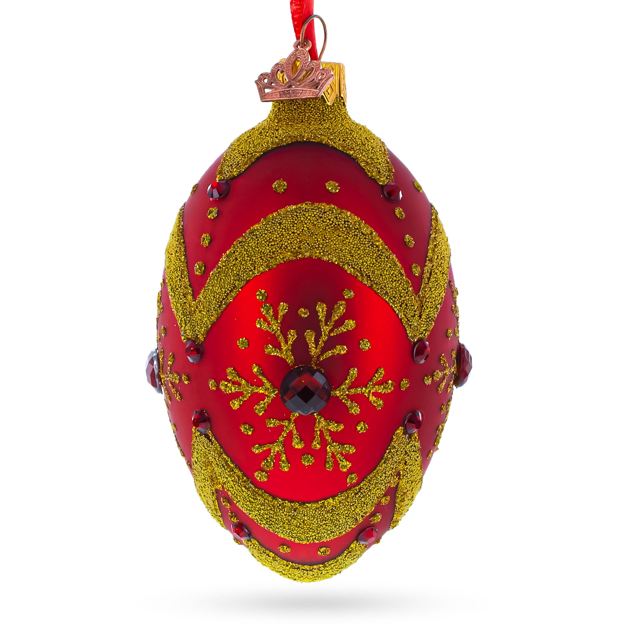 Golden Snowflake on Red Glass Egg Ornament 4 Inches in Red color Oval