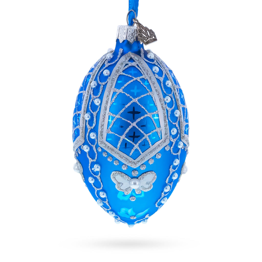 Pearls on Blue Glass Egg Ornament 4 Inches in Blue color Oval
