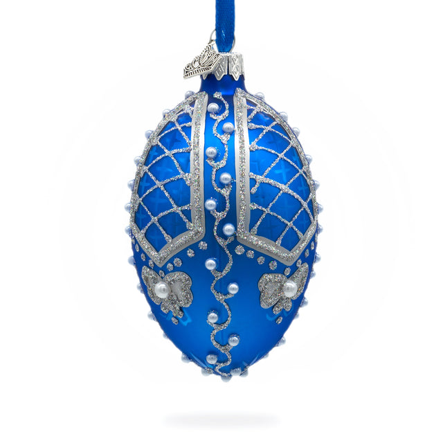 Pearls on Blue Glass Egg Ornament 4 Inches in Blue color, Oval shape