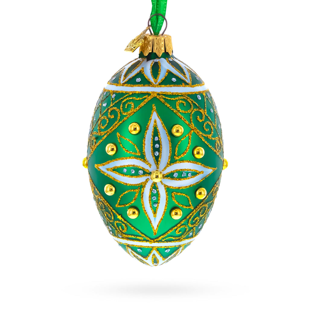 Jeweled White Star on Green Glass Egg Ornament 4 Inches in Green color Oval