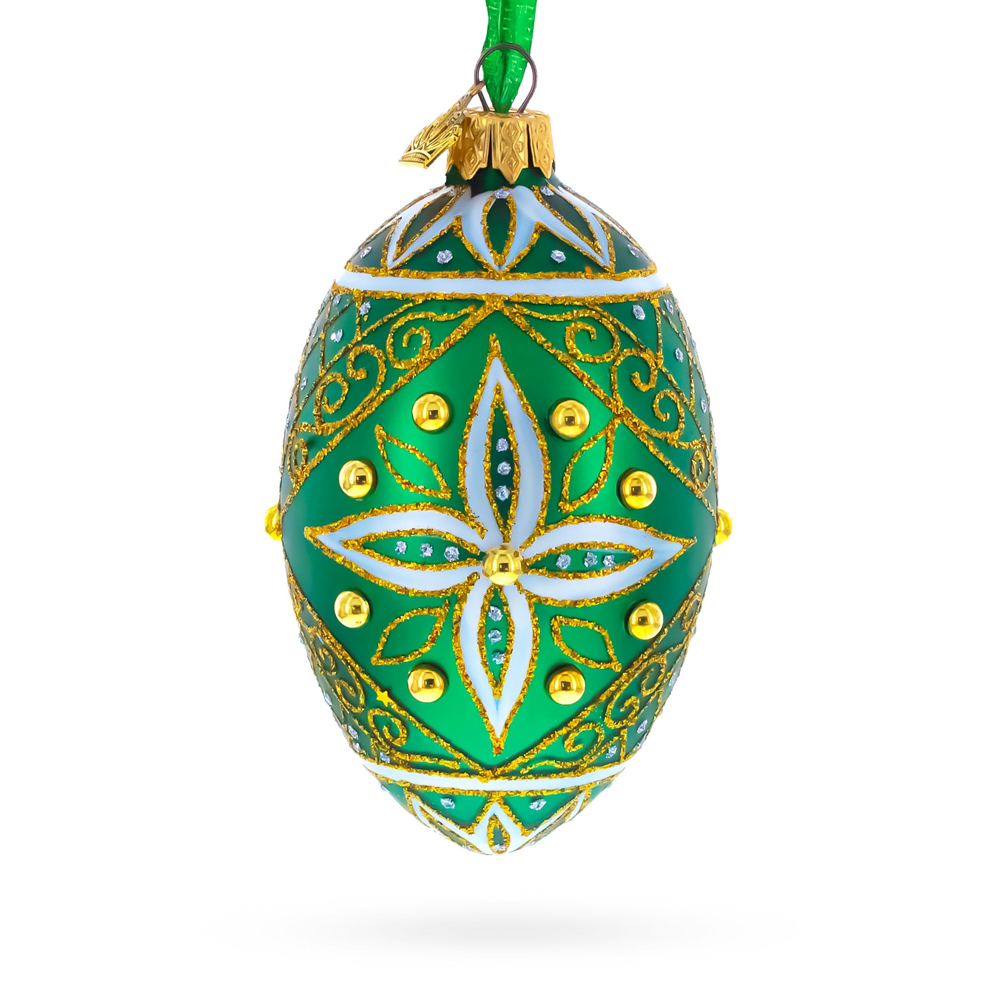 Jeweled White Star on Green Glass Egg Ornament 4 Inches in Green color Oval