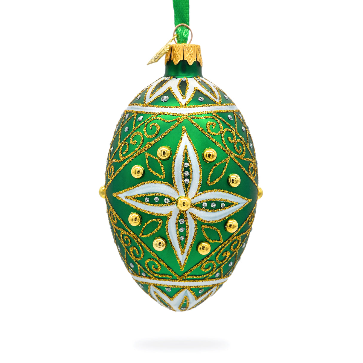 Glass Jeweled White Star on Green Glass Egg Ornament 4 Inches in Green color Oval