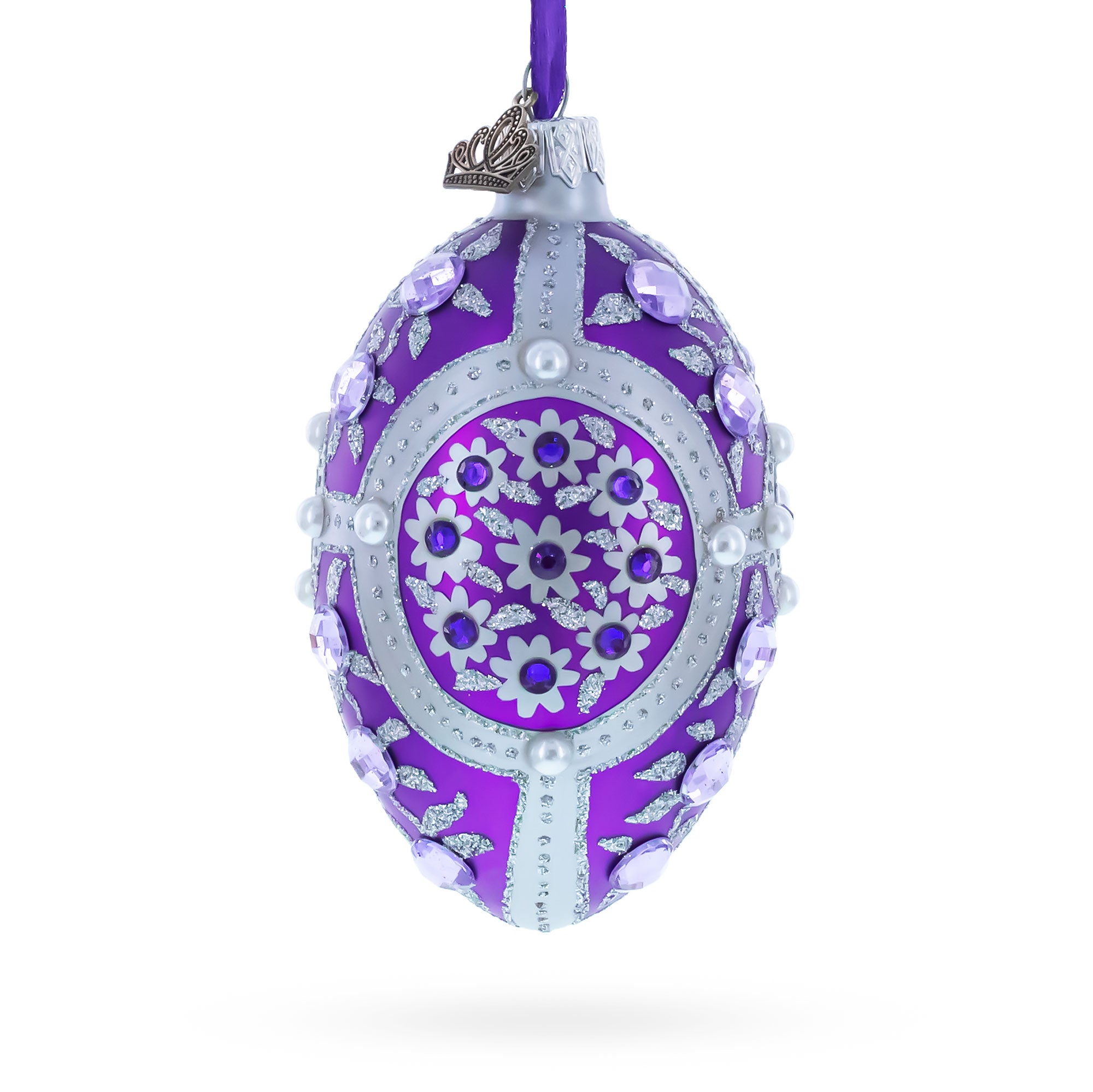 Purple Flowers on Purple Glass Egg Ornament 4 Inches in Purple color Oval