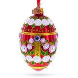 Pearl Flowers on Glossy Red Glass Egg Ornament 4 Inches in Red color Oval