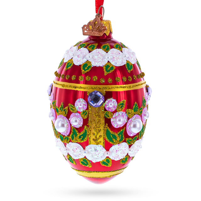 Pearl Flowers on Glossy Red Glass Egg Ornament 4 Inches in Red color Oval
