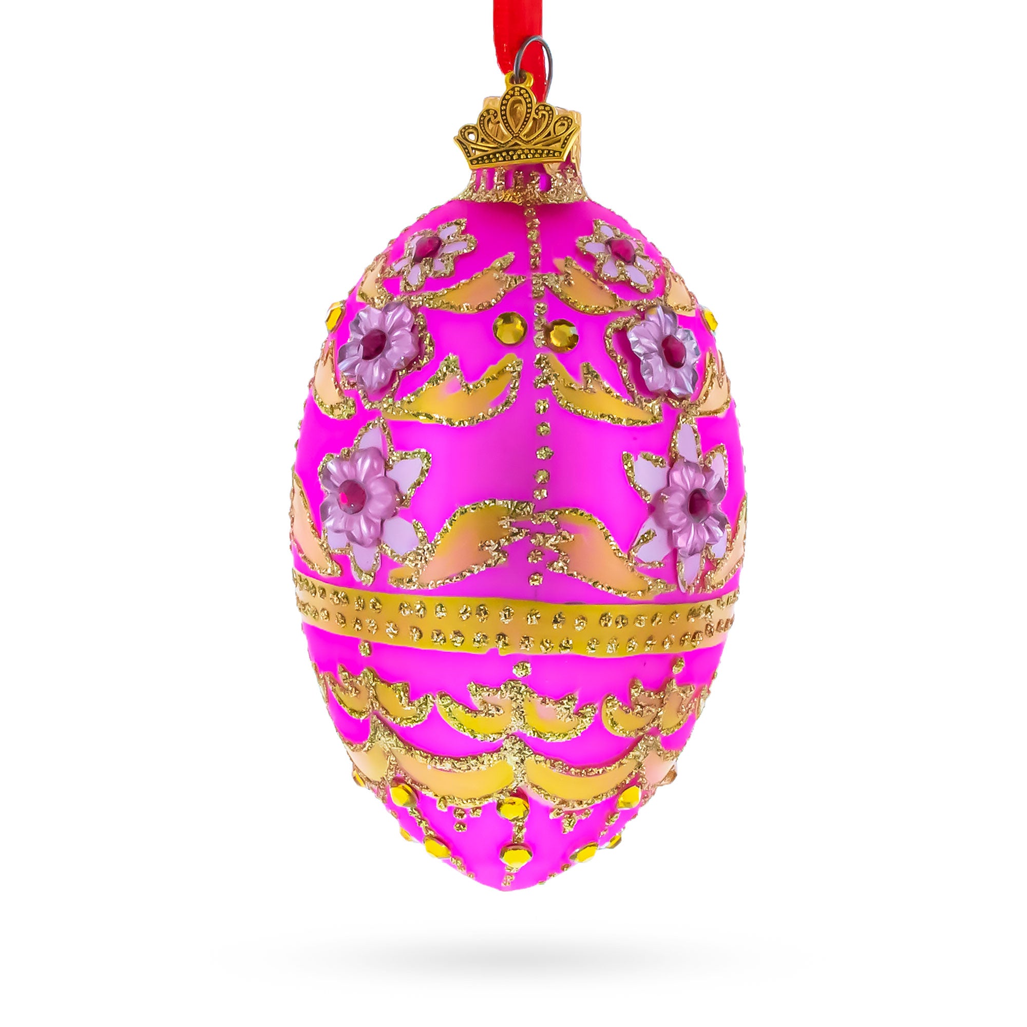 Jeweled Flowers on Pink Glass Egg Ornament 4 Inches in Pink color Oval
