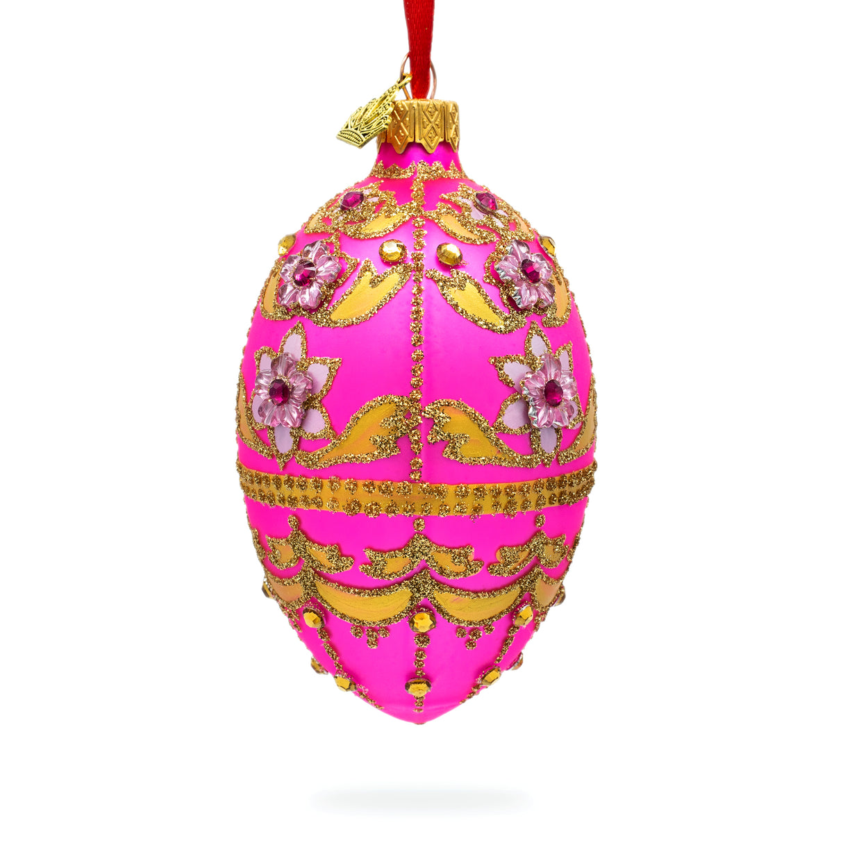 Jeweled Flowers on Pink Glass Egg Ornament 4 Inches in Pink color, Oval shape