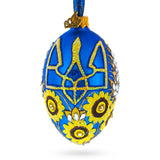 Ukrainian Coat of Arms and Sunflowers Glass Egg Ornament 4 Inches in Multi color, Oval shape