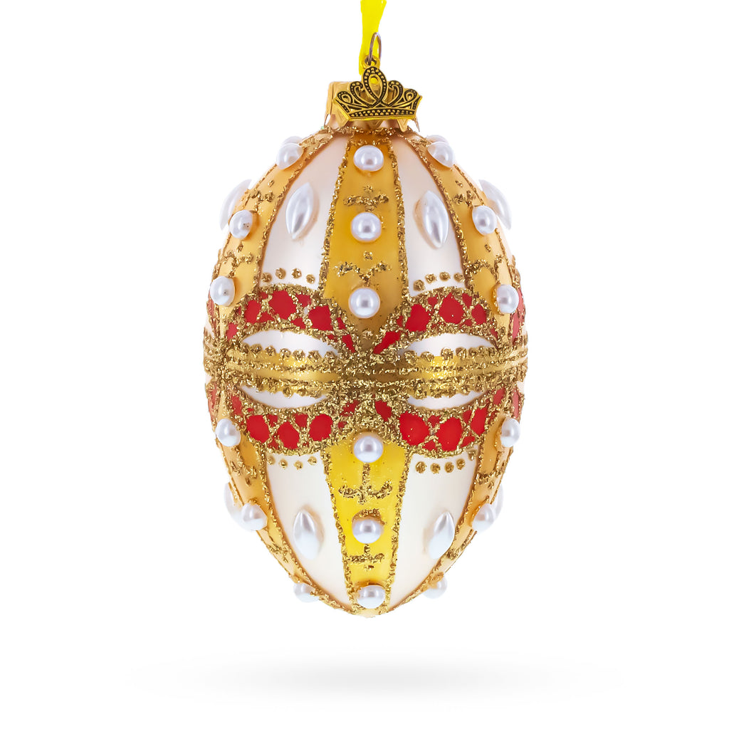 Pearls on Gold and White Glass Egg Ornament 4 Inches in Multi color Oval