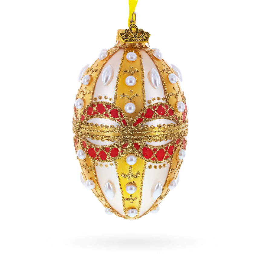 Pearls on Gold and White Glass Egg Ornament 4 Inches in Multi color Oval