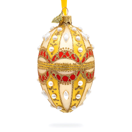Pearls on Gold and White Glass Egg Ornament 4 Inches in Multi color, Oval shape