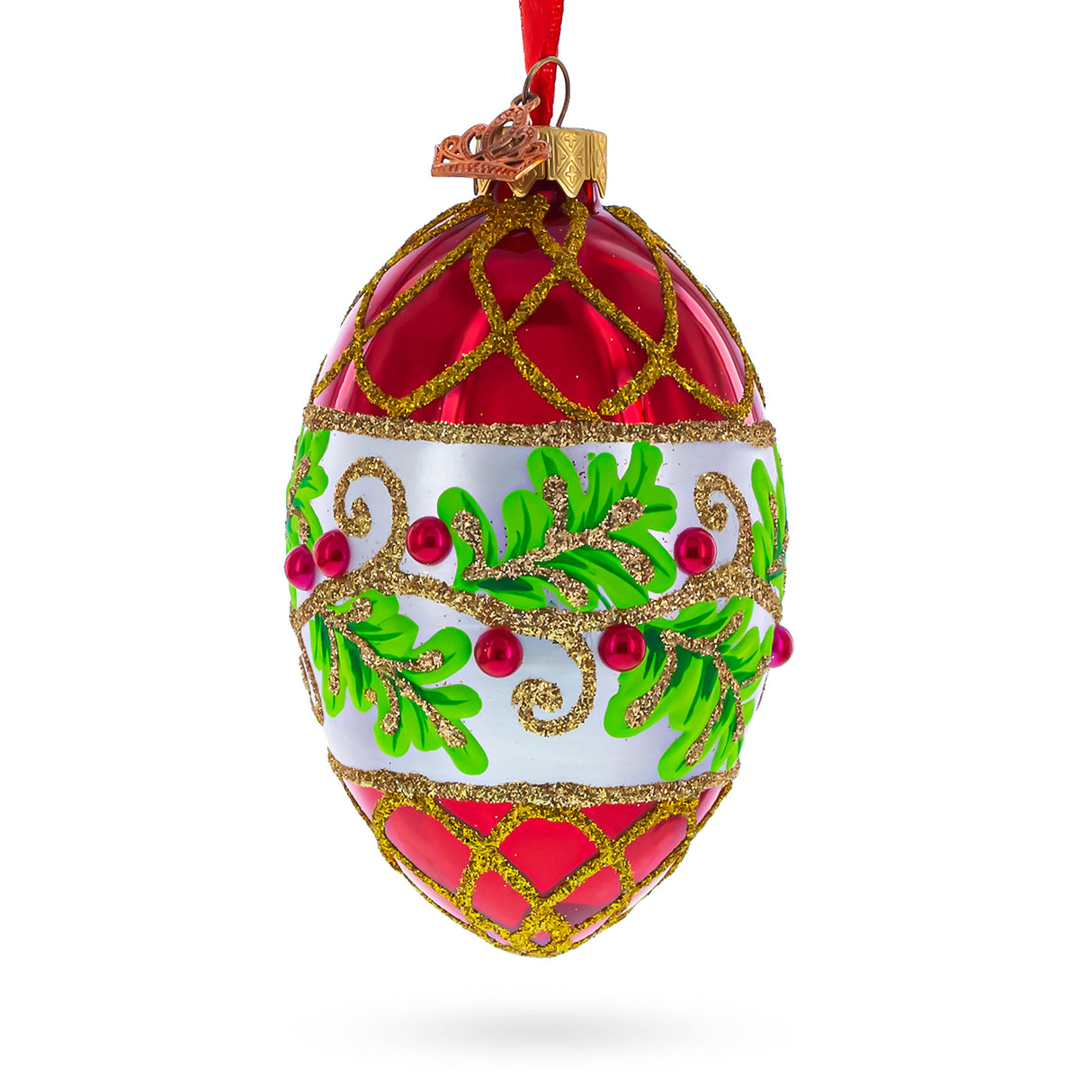Berries on the Branch Glass Egg Ornament 4 Inches in Red color, Oval shape