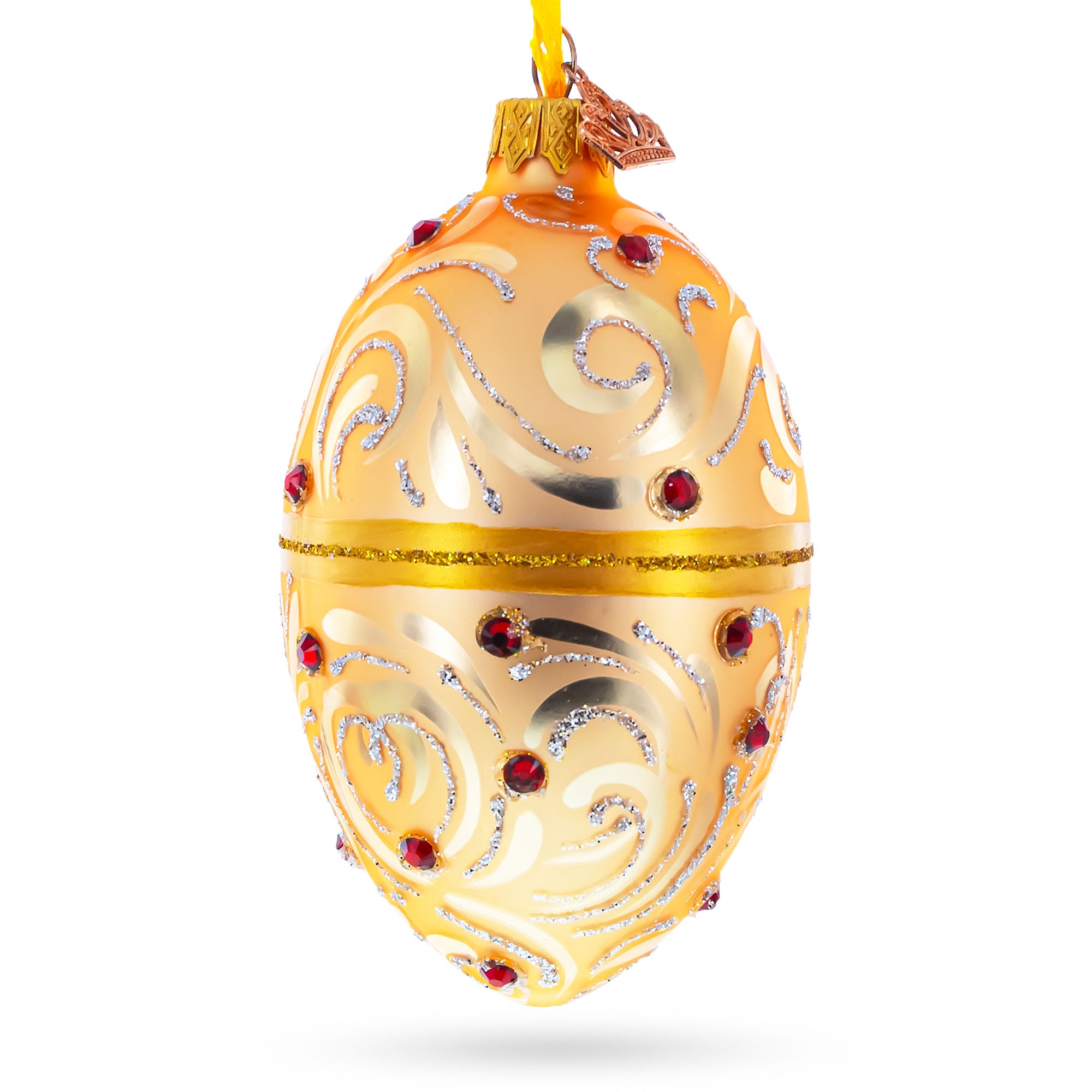 Red Jewels on Champagne Swirls Glass Egg Ornament 4 Inches in Ivory color Oval