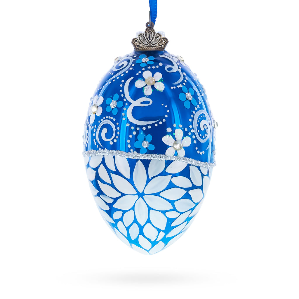 White Pearled Flowers on Glossy Blue Glass Egg Ornament 4 Inches in Blue color Oval